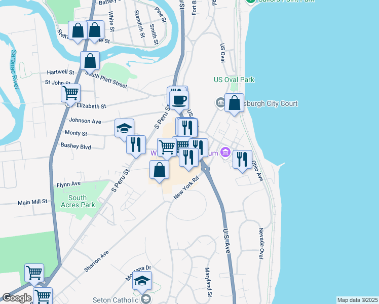 map of restaurants, bars, coffee shops, grocery stores, and more near 5063 U.S. Avenue in Plattsburgh