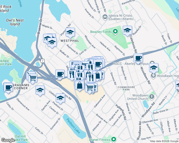 map of restaurants, bars, coffee shops, grocery stores, and more near 139 Nova Scotia Trunk 7 in Dartmouth