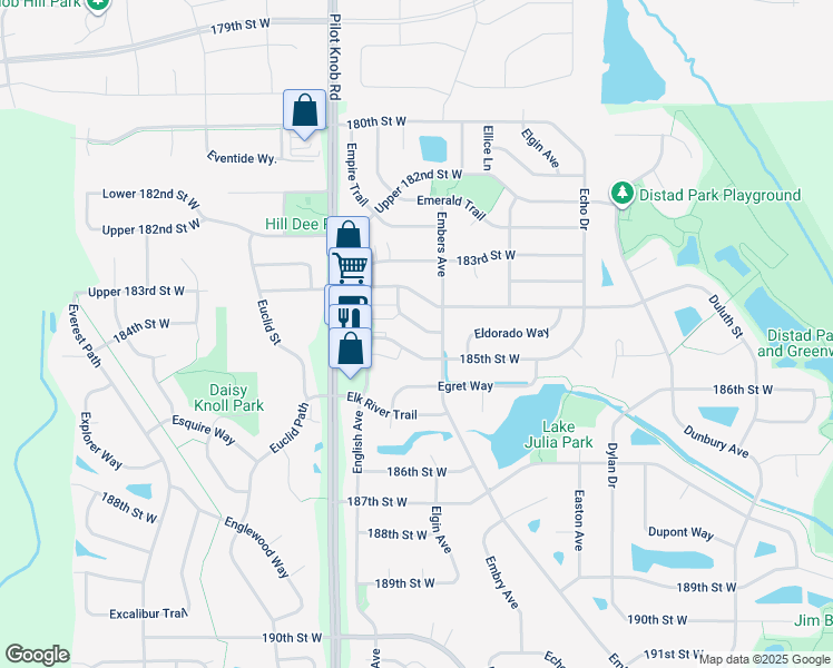 map of restaurants, bars, coffee shops, grocery stores, and more near 5324 184th Street West in Farmington