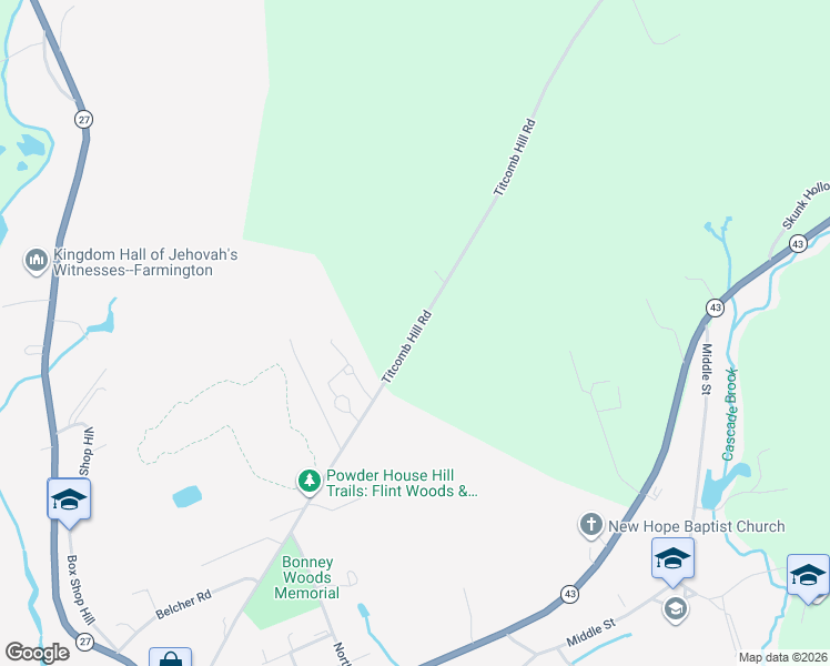 map of restaurants, bars, coffee shops, grocery stores, and more near 283 Titcomb Hill Road in Farmington