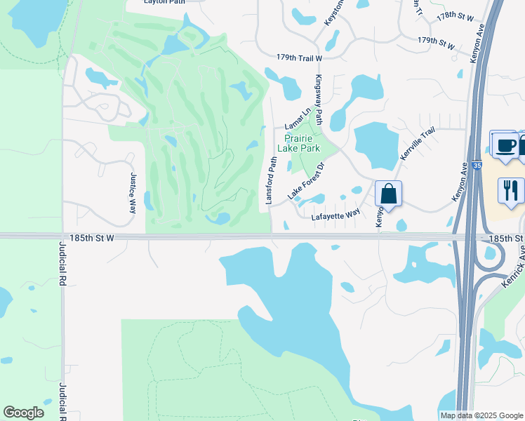 map of restaurants, bars, coffee shops, grocery stores, and more near 18423 Lansford Path in Lakeville
