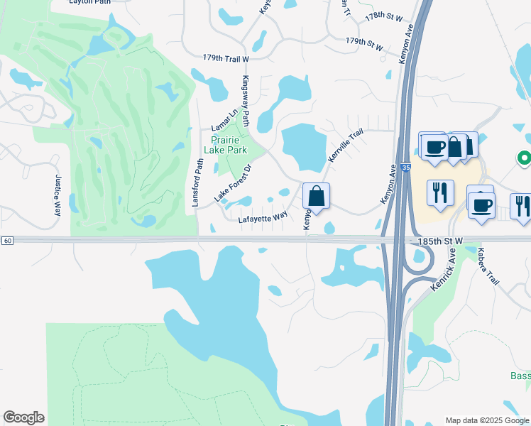 map of restaurants, bars, coffee shops, grocery stores, and more near 18397 Lafayette Way in Lakeville