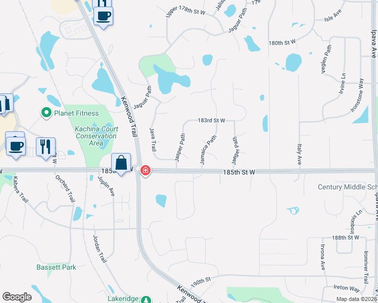 map of restaurants, bars, coffee shops, grocery stores, and more near 18430 Jasper Court in Lakeville