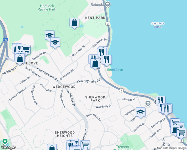 map of restaurants, bars, coffee shops, grocery stores, and more near 3A Dakin Drive in Halifax