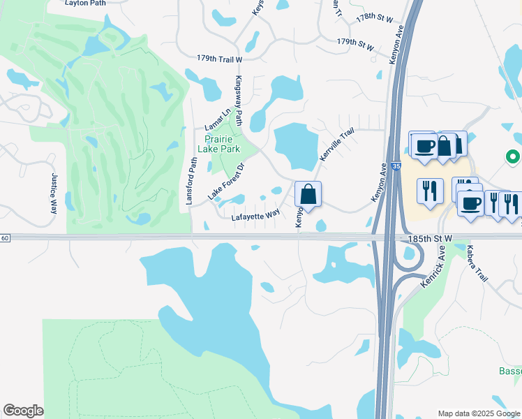 map of restaurants, bars, coffee shops, grocery stores, and more near 18391 Lafayette Way in Lakeville