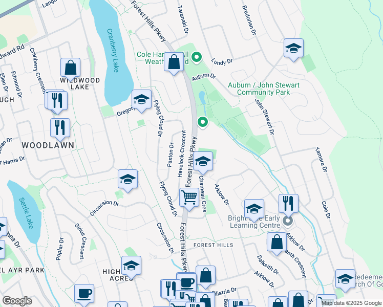 map of restaurants, bars, coffee shops, grocery stores, and more near Forest Hills Parkway in Cole Harbour