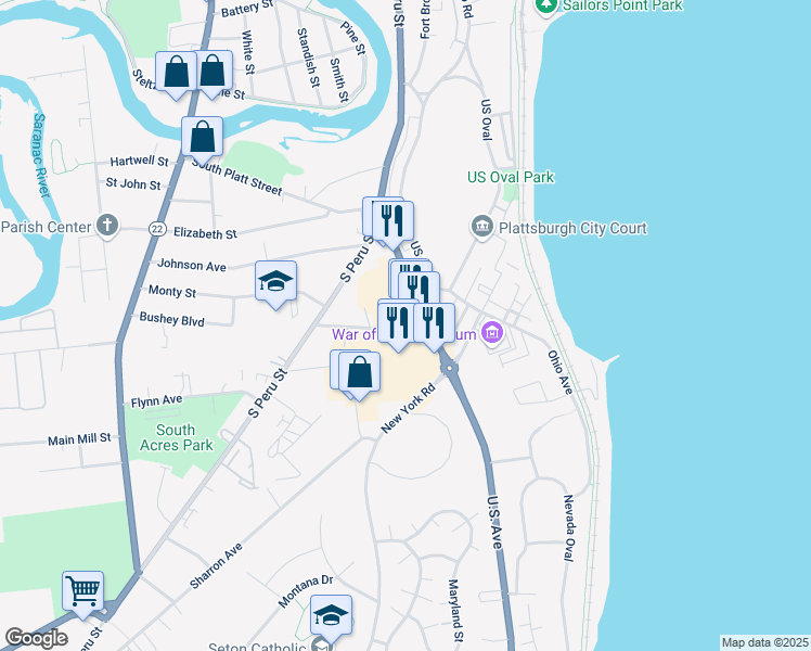 map of restaurants, bars, coffee shops, grocery stores, and more near 15 McKinley Avenue in Plattsburgh
