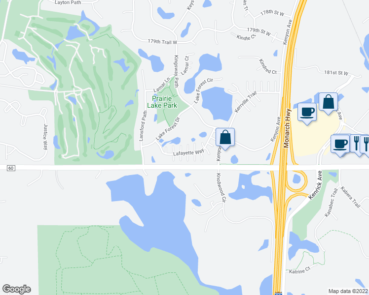 map of restaurants, bars, coffee shops, grocery stores, and more near 18397 Lafayette Way in Lakeville
