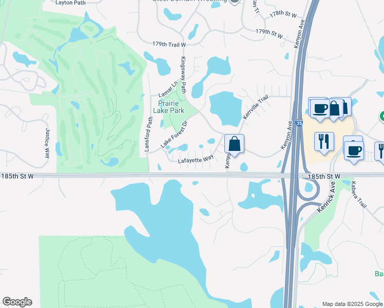 map of restaurants, bars, coffee shops, grocery stores, and more near 18397 Lafayette Way in Lakeville