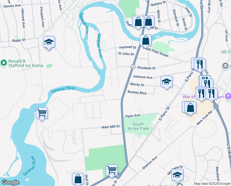 map of restaurants, bars, coffee shops, grocery stores, and more near 1 Underwood Avenue in Plattsburgh