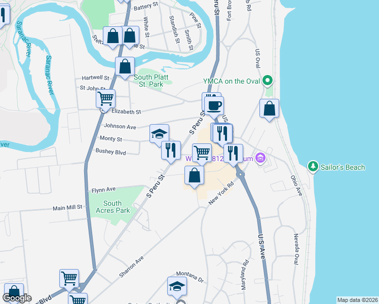 map of restaurants, bars, coffee shops, grocery stores, and more near 4 McKinley Ave in Plattsburgh