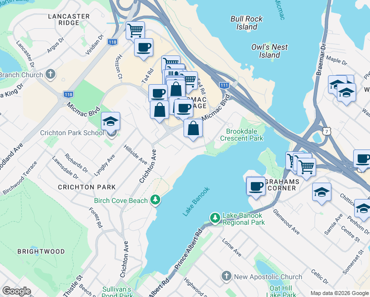 map of restaurants, bars, coffee shops, grocery stores, and more near 12 Brookdale Crescent in Dartmouth