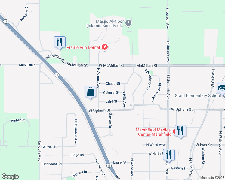map of restaurants, bars, coffee shops, grocery stores, and more near 1015 Laird Street in Marshfield