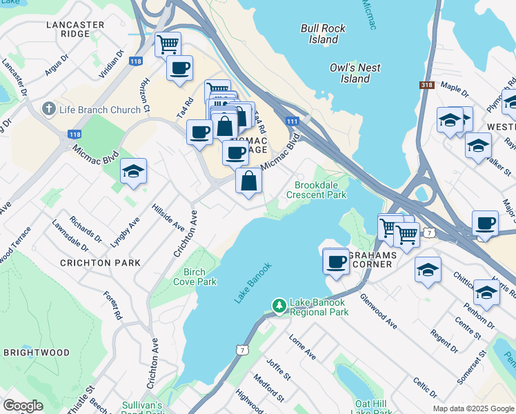 map of restaurants, bars, coffee shops, grocery stores, and more near Brookdale Crescent in Dartmouth