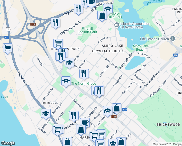 map of restaurants, bars, coffee shops, grocery stores, and more near 28 Primrose Street in Dartmouth