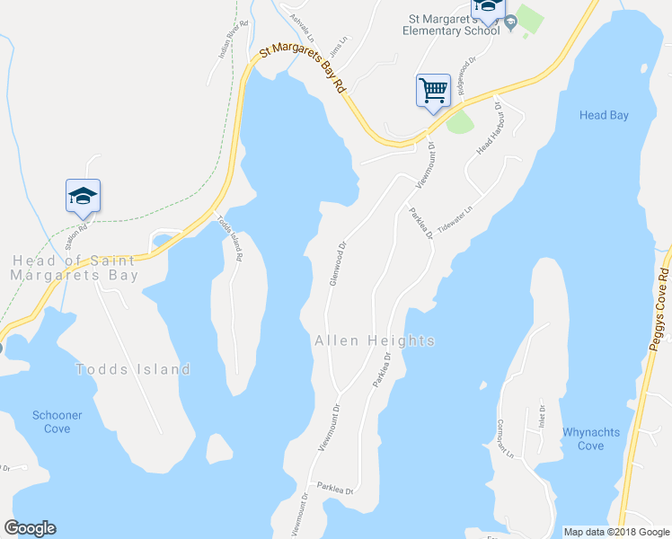 map of restaurants, bars, coffee shops, grocery stores, and more near Glenwood Drive in Head of Saint Margarets Bay