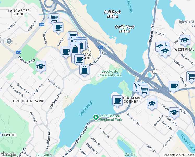 map of restaurants, bars, coffee shops, grocery stores, and more near 26 Brookdale Crescent in Dartmouth