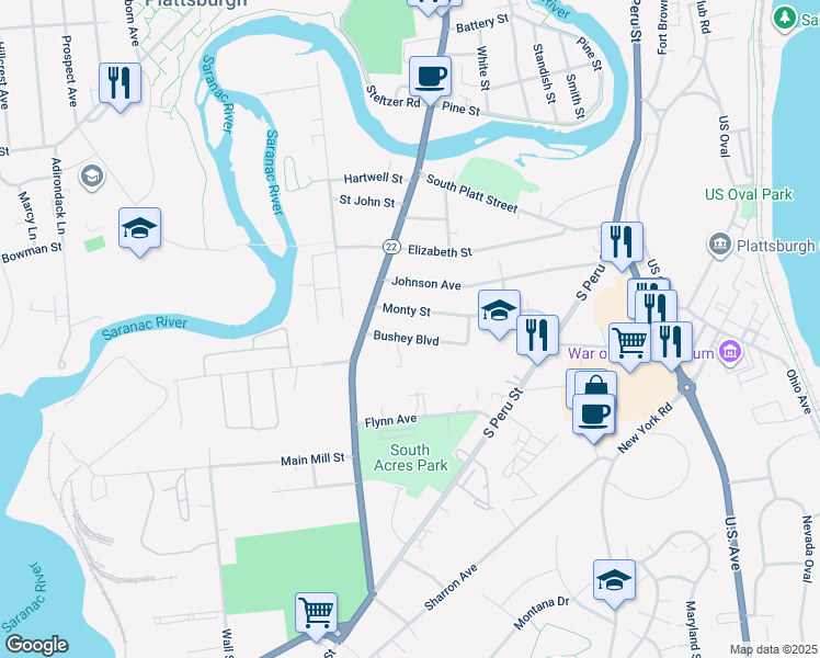 map of restaurants, bars, coffee shops, grocery stores, and more near 15 Monty St in Plattsburgh