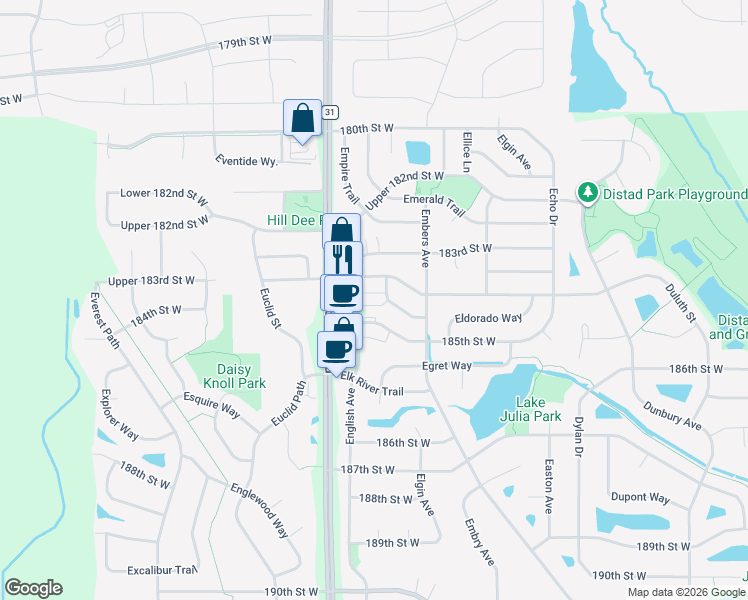map of restaurants, bars, coffee shops, grocery stores, and more near 18390 English Avenue in Farmington