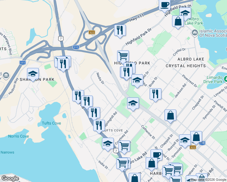 map of restaurants, bars, coffee shops, grocery stores, and more near 260 Nadia Drive in Dartmouth