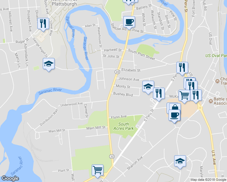 map of restaurants, bars, coffee shops, grocery stores, and more near 4904 South Catherine Street in Plattsburgh