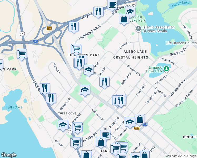 map of restaurants, bars, coffee shops, grocery stores, and more near 22 Brule Street in Dartmouth