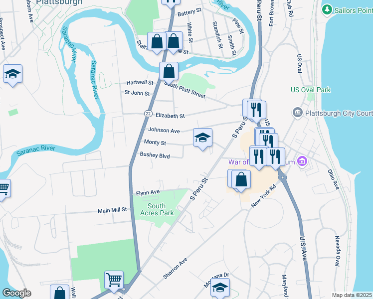map of restaurants, bars, coffee shops, grocery stores, and more near 33 Monty Street in Plattsburgh