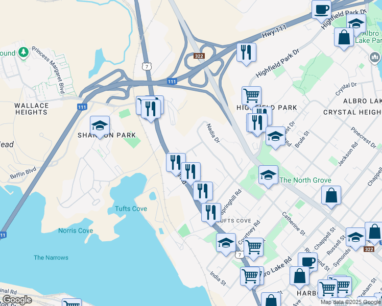 map of restaurants, bars, coffee shops, grocery stores, and more near 12 Fernhill Drive in Dartmouth