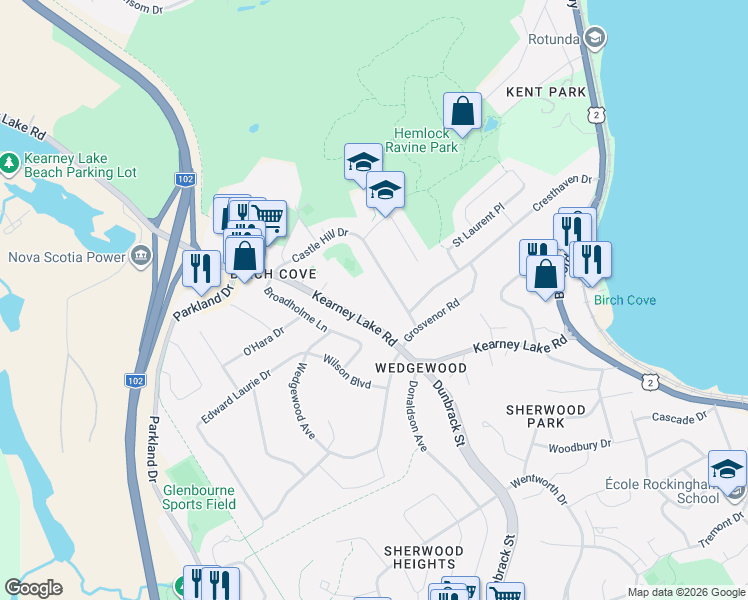 map of restaurants, bars, coffee shops, grocery stores, and more near 87 Kearney Lake Road in Halifax