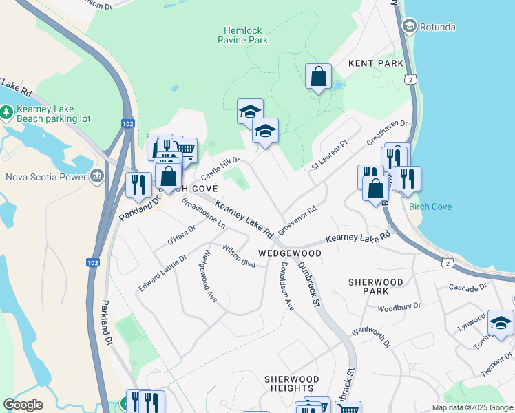 map of restaurants, bars, coffee shops, grocery stores, and more near 87 Kearney Lake Road in Halifax