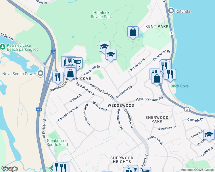 map of restaurants, bars, coffee shops, grocery stores, and more near 87 Kearney Lake Road in Halifax