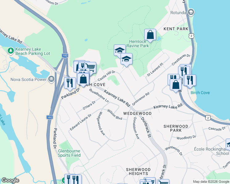 map of restaurants, bars, coffee shops, grocery stores, and more near 83 Kearney Lake Road in Halifax
