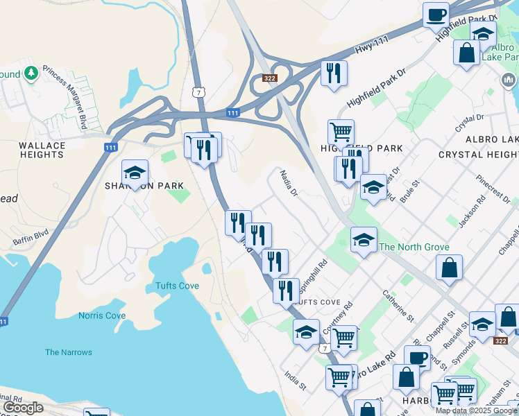 map of restaurants, bars, coffee shops, grocery stores, and more near 12 Fernhill Drive in Dartmouth
