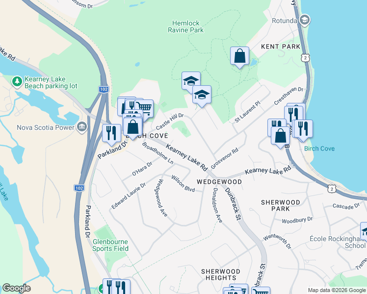 map of restaurants, bars, coffee shops, grocery stores, and more near 83 Kearney Lake Road in Halifax