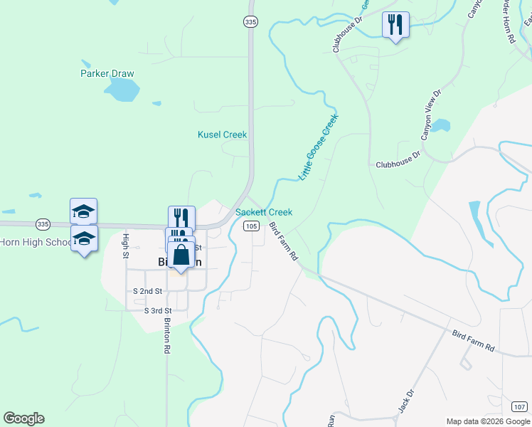 map of restaurants, bars, coffee shops, grocery stores, and more near 12 Bird Farm Road in Sheridan