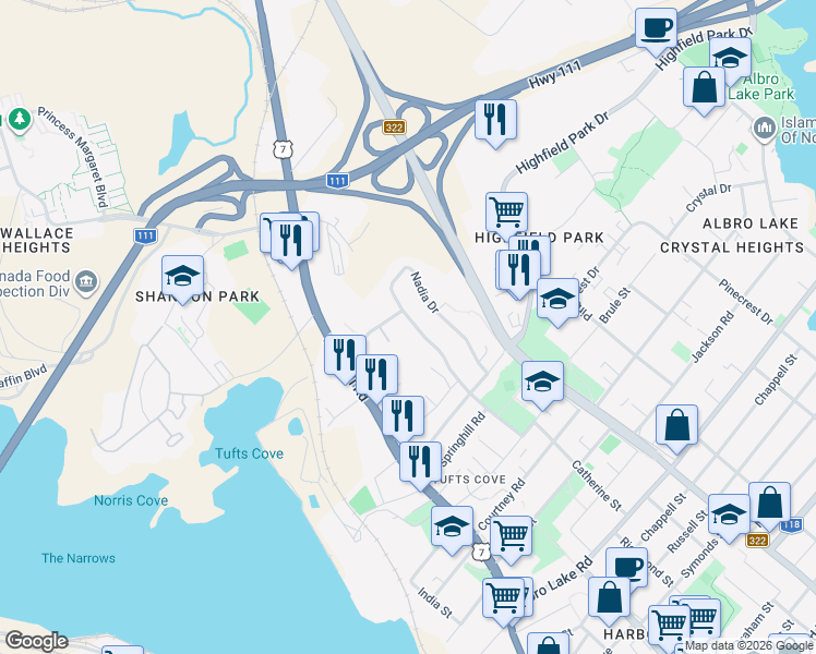 map of restaurants, bars, coffee shops, grocery stores, and more near 92 Nadia Drive in Dartmouth