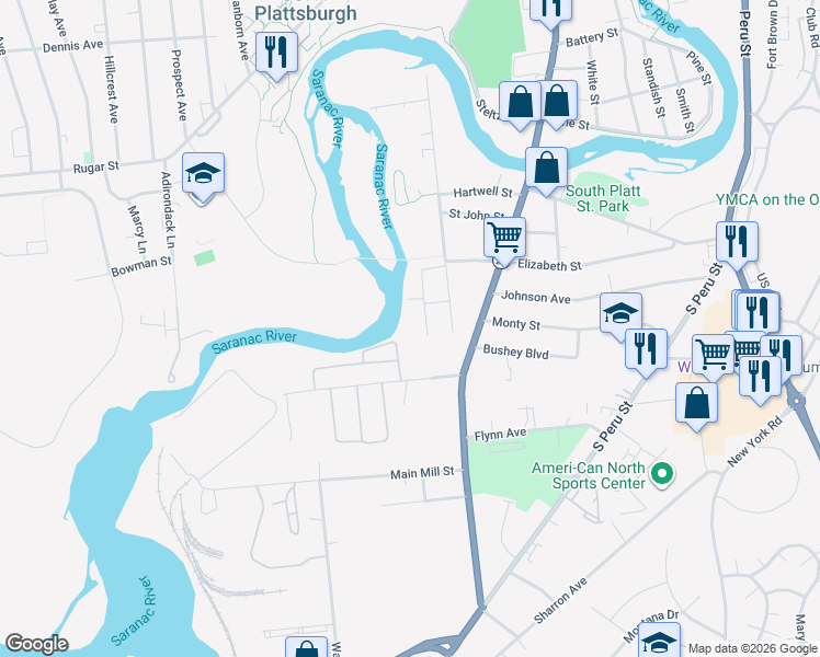 map of restaurants, bars, coffee shops, grocery stores, and more near 20 Riverside Ave in Plattsburgh