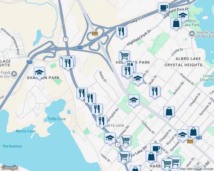 map of restaurants, bars, coffee shops, grocery stores, and more near 227 Nadia Drive in Dartmouth