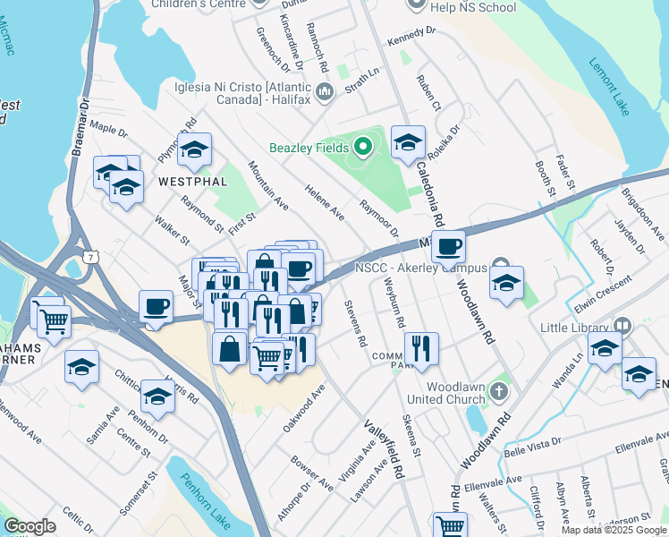 map of restaurants, bars, coffee shops, grocery stores, and more near 98 Lakecrest Drive in Dartmouth