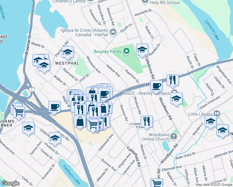 map of restaurants, bars, coffee shops, grocery stores, and more near 98 Lakecrest Drive in Dartmouth