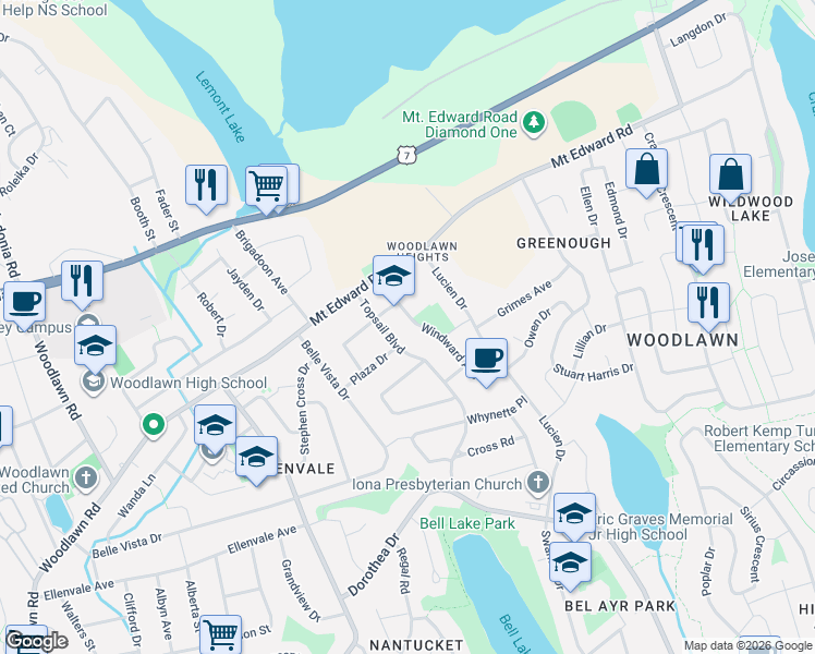 map of restaurants, bars, coffee shops, grocery stores, and more near 7 Topsail Boulevard in Dartmouth