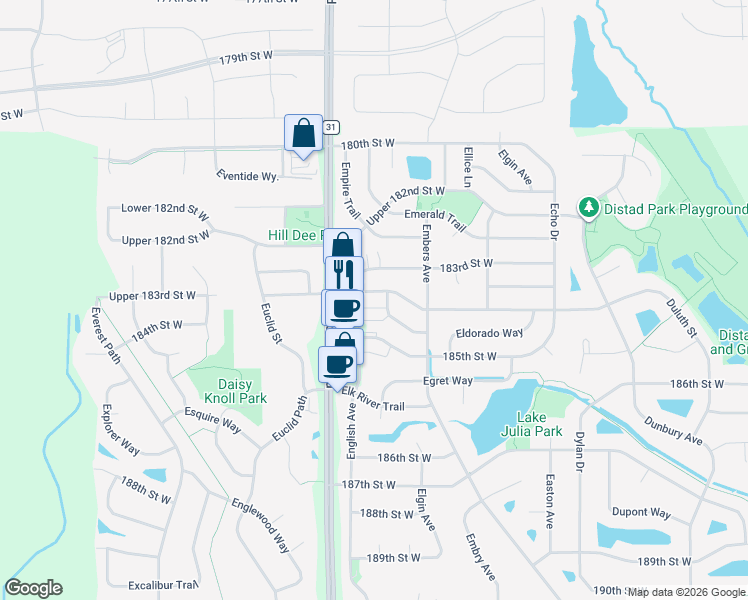map of restaurants, bars, coffee shops, grocery stores, and more near 5432 Upper 183rd Street West in Farmington