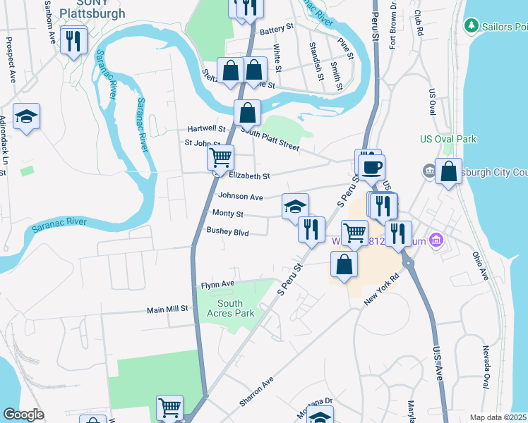 map of restaurants, bars, coffee shops, grocery stores, and more near 33 Monty Street in Plattsburgh