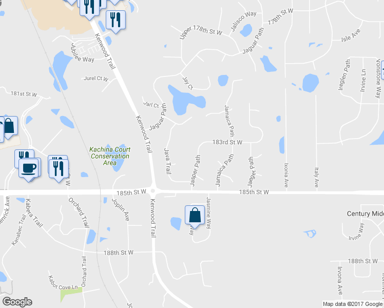 map of restaurants, bars, coffee shops, grocery stores, and more near 18341 Jasper Path in Lakeville