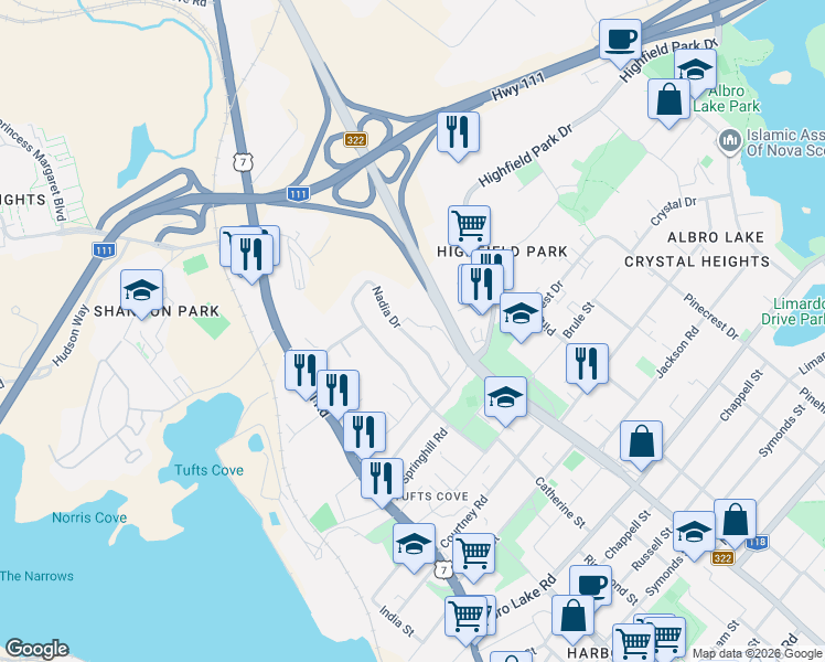 map of restaurants, bars, coffee shops, grocery stores, and more near 230 Nadia Drive in Dartmouth