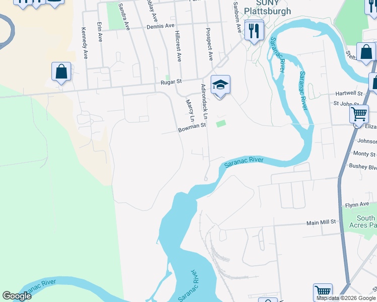 map of restaurants, bars, coffee shops, grocery stores, and more near 32 Adirondack Lane in Plattsburgh