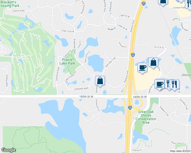 map of restaurants, bars, coffee shops, grocery stores, and more near 18346 Kingsway Path in Lakeville