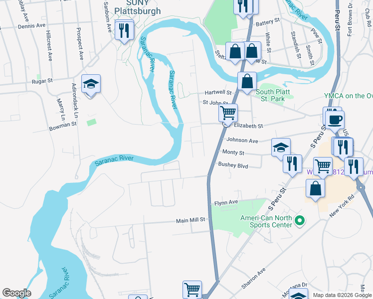 map of restaurants, bars, coffee shops, grocery stores, and more near 20 Riverside Ave in Plattsburgh