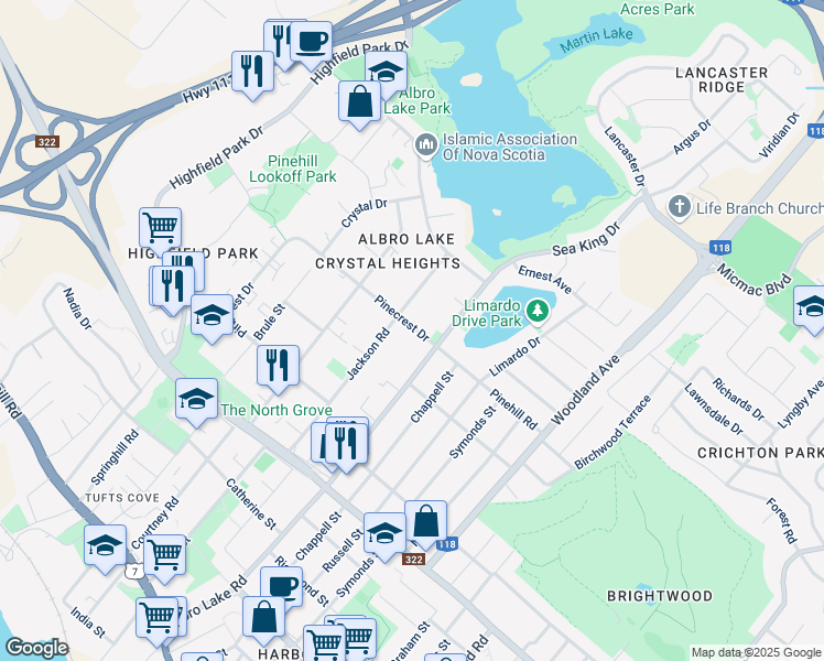 map of restaurants, bars, coffee shops, grocery stores, and more near 51 Pinecrest Drive in Dartmouth