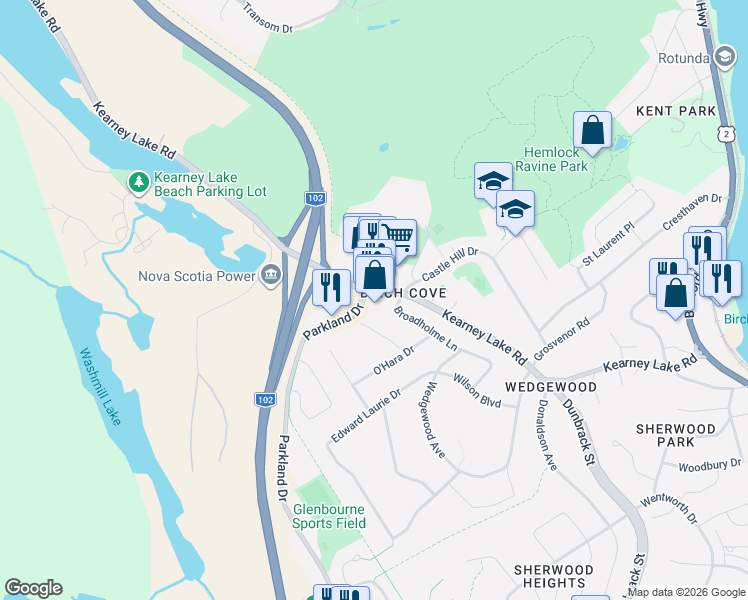 map of restaurants, bars, coffee shops, grocery stores, and more near 16 Laurentian Drive in Halifax